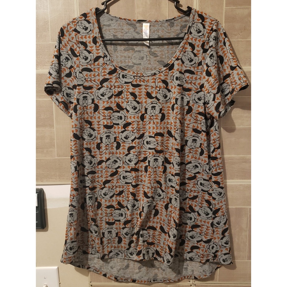 LulaRoe Disney Womens Irma Size Small Minnie Mouse Faces Bows Gray Top Shirt